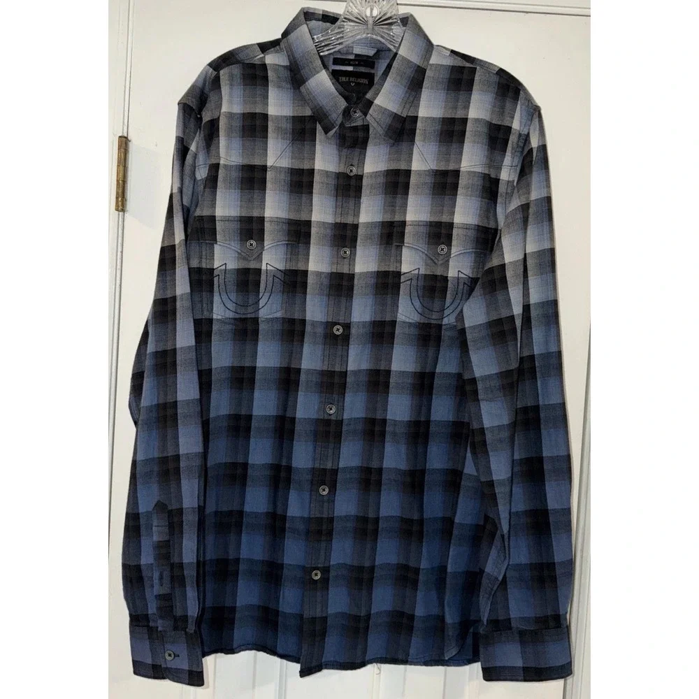 True Religion Shirt Mens XL Plaid Button Up Long Sleeve‎ Embroidered Slim